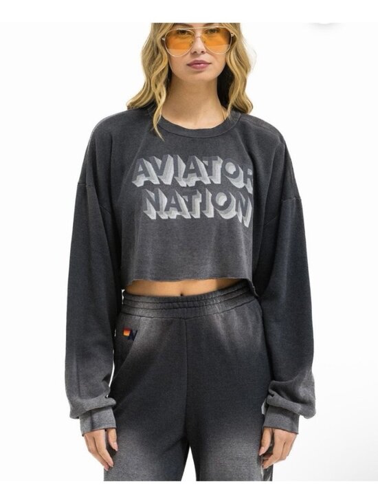 Aviator Nation Tops - Aviator Nation 3D Cropped Crew Faded Smoke Relaxed Sweatshirt Sz Large